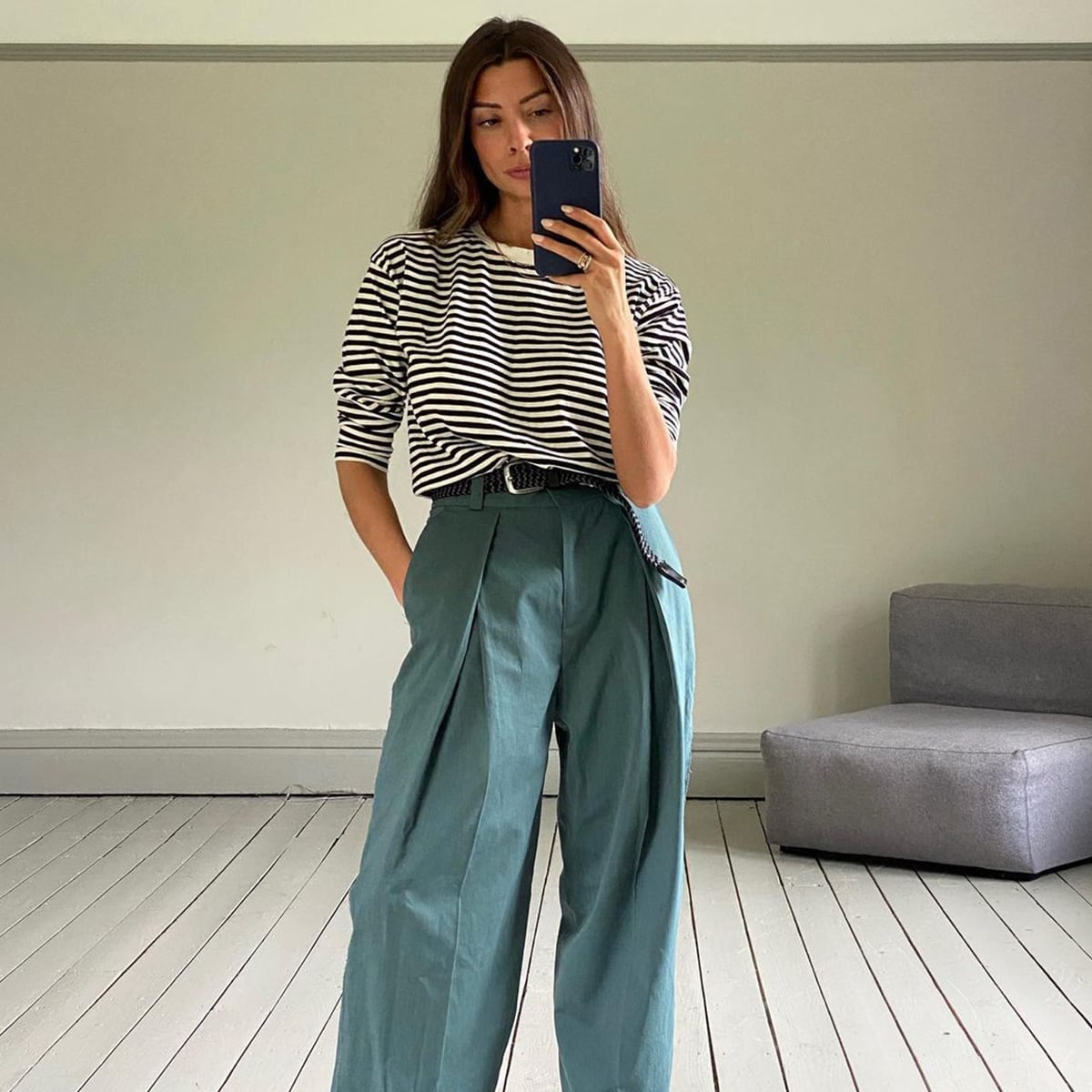 Striped T-Shirt and Teal Wide-Leg Trousers Striped T-Shirt and Teal Wide-Leg Trousers — Cute Outfits