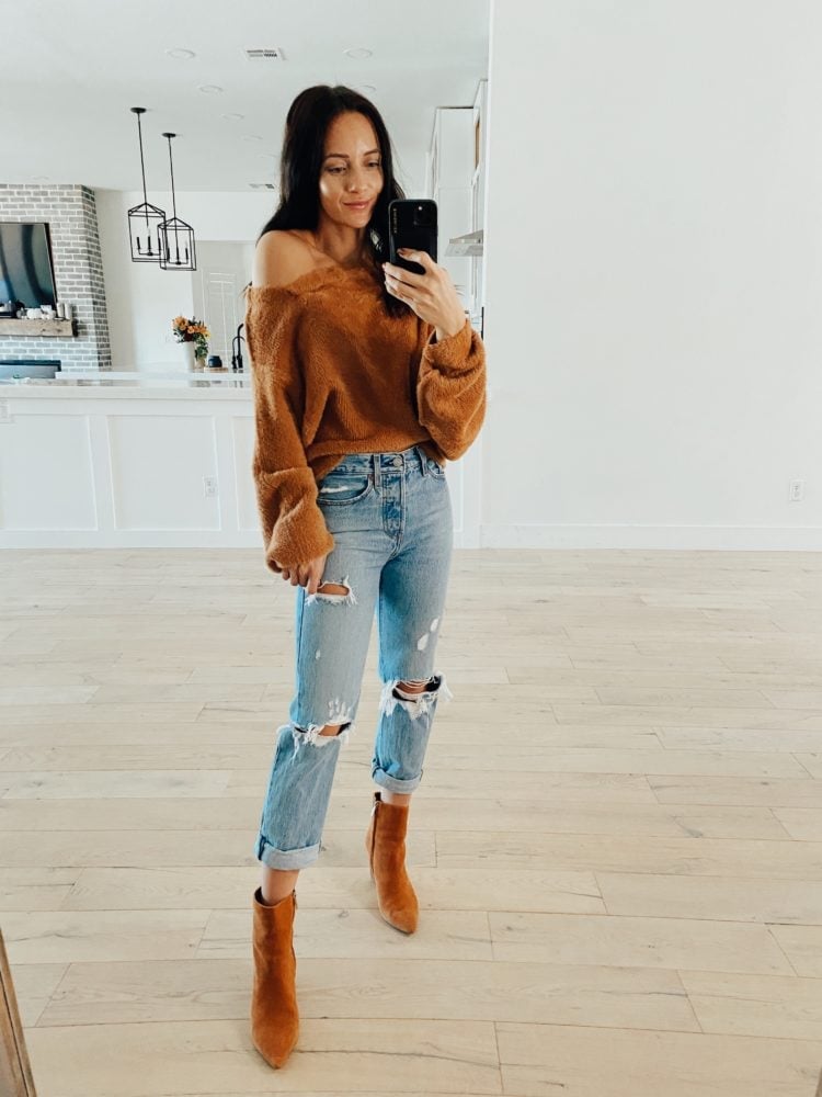 Off-Shoulder Fuzzy Sweater and Distressed Jeans Off-Shoulder Fuzzy Sweater and Distressed Jeans — Cute Outfits