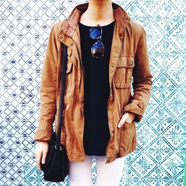 Utility Jacket Layered Over Black Top and White Pants Utility Jacket Layered Over Black Top and White Pants — Cute Outfits for School