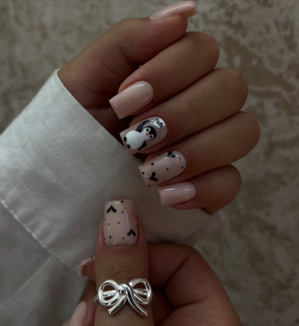 Cute Penguin and Heart Accent Nail Art