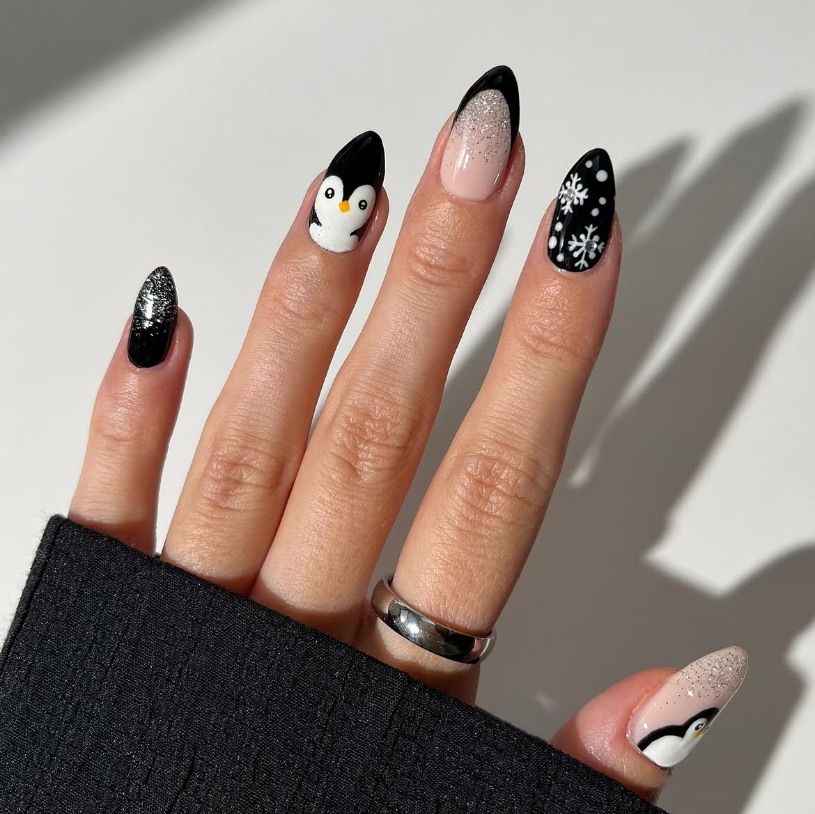 Cute Penguin and Snowflake Winter Nails