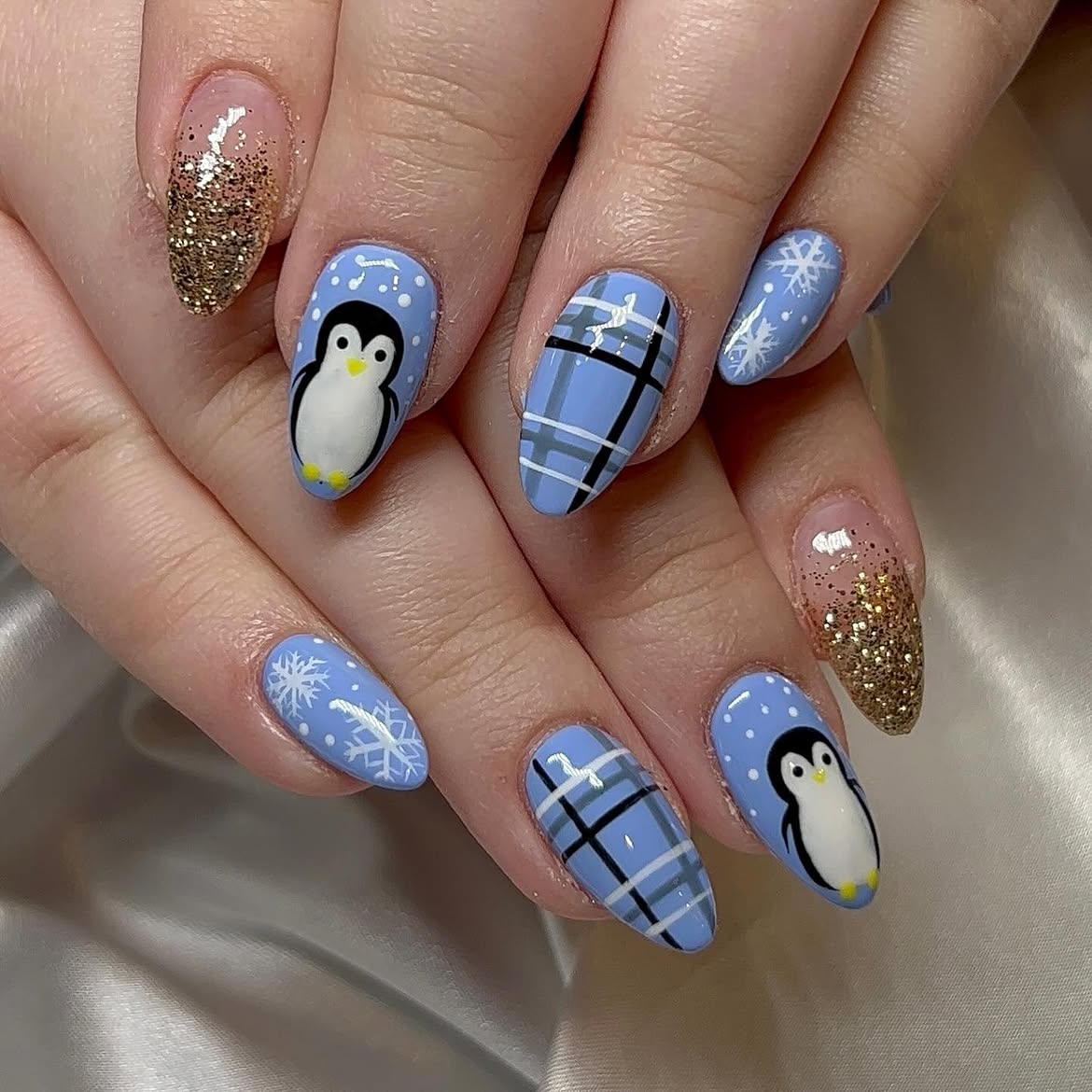 Cute Penguin Plaid Snowflakes Almond Nails