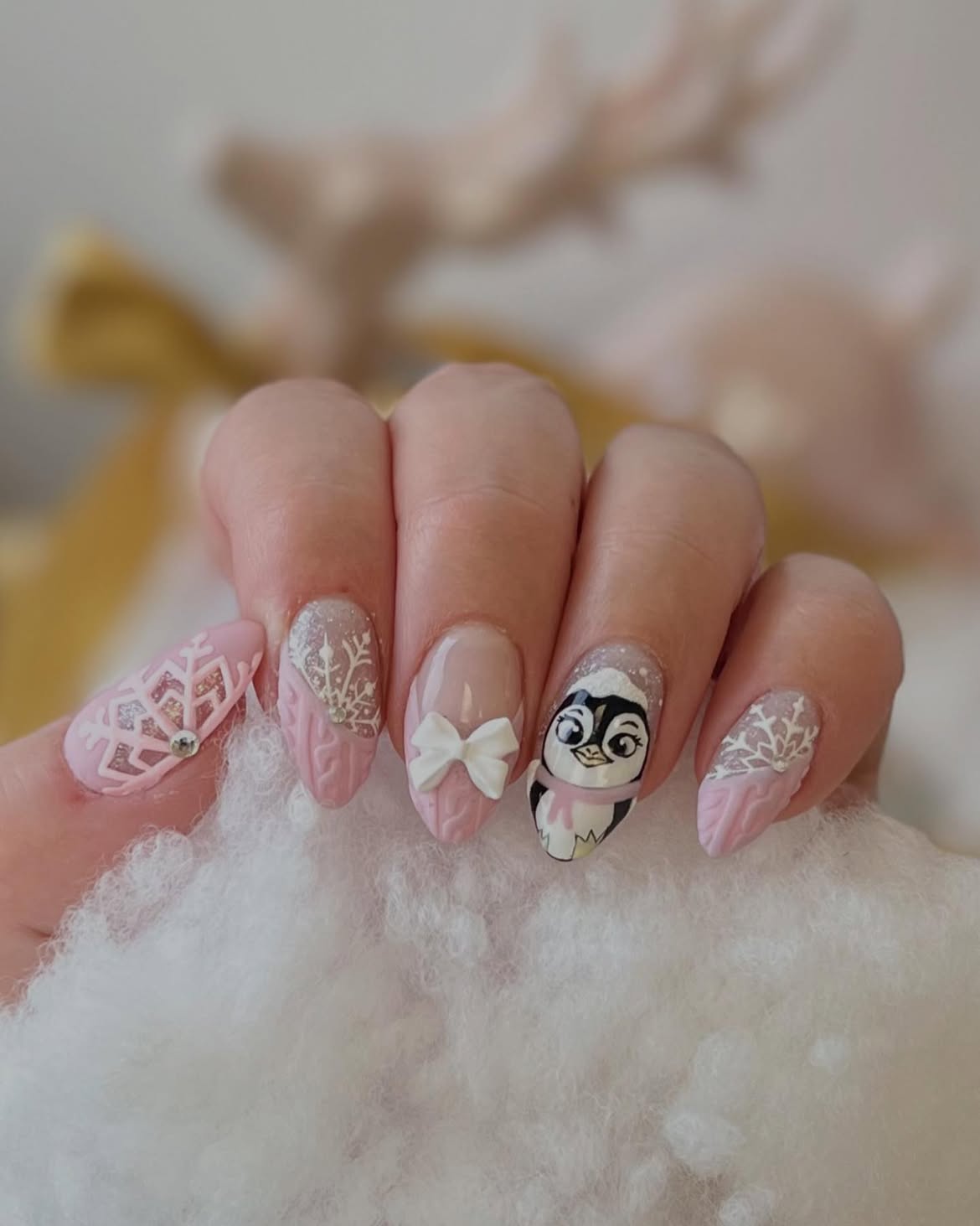 Cute Penguin Winter Snowflake Almond Nails