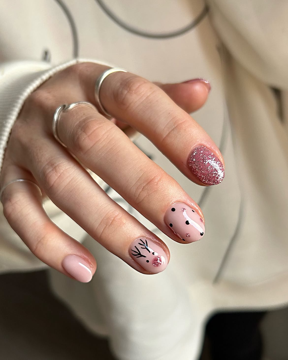 Cute Reindeer and Glitter Christmas Nails