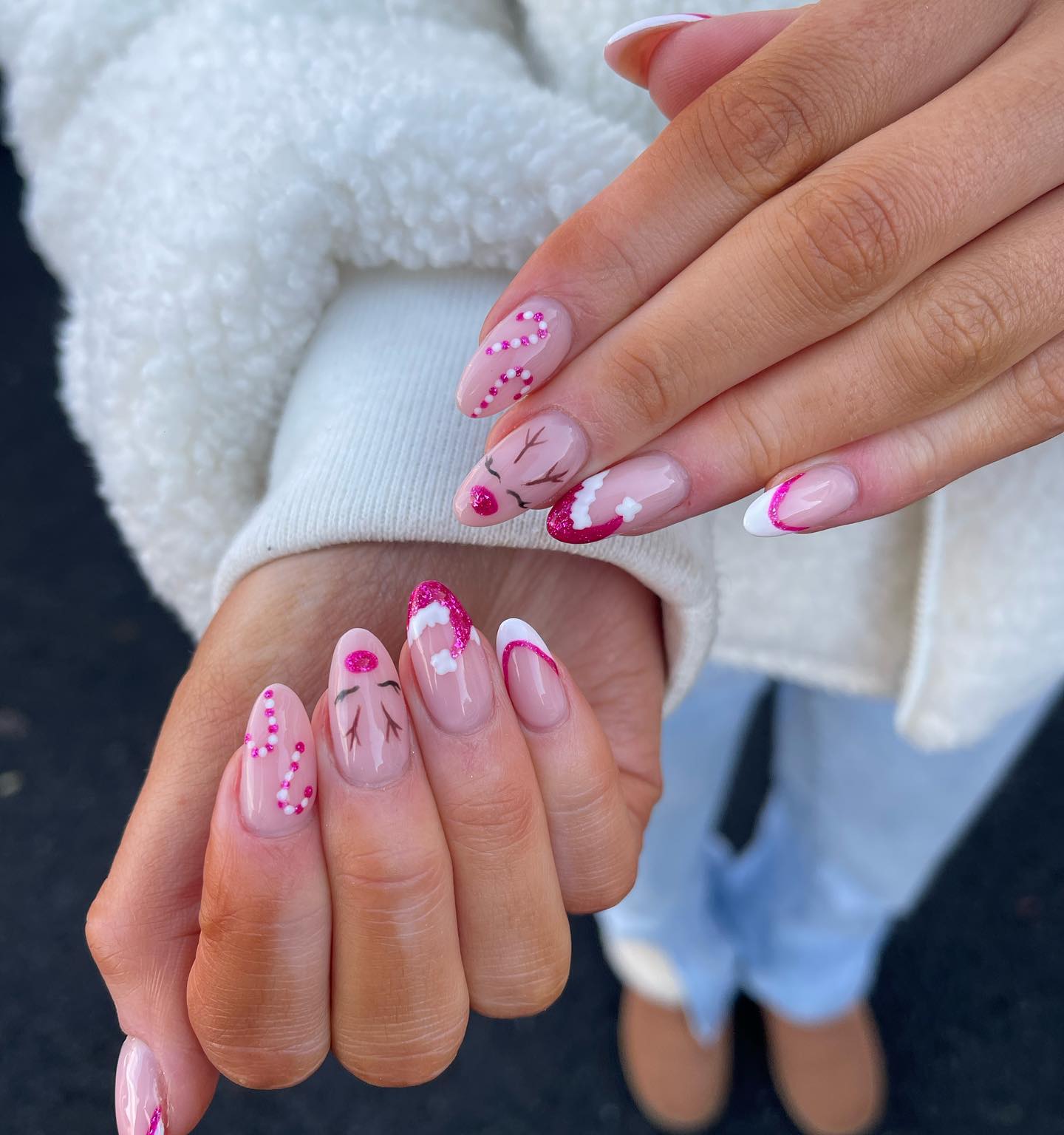 Cute Reindeer and Pink Polka Dot French Tips