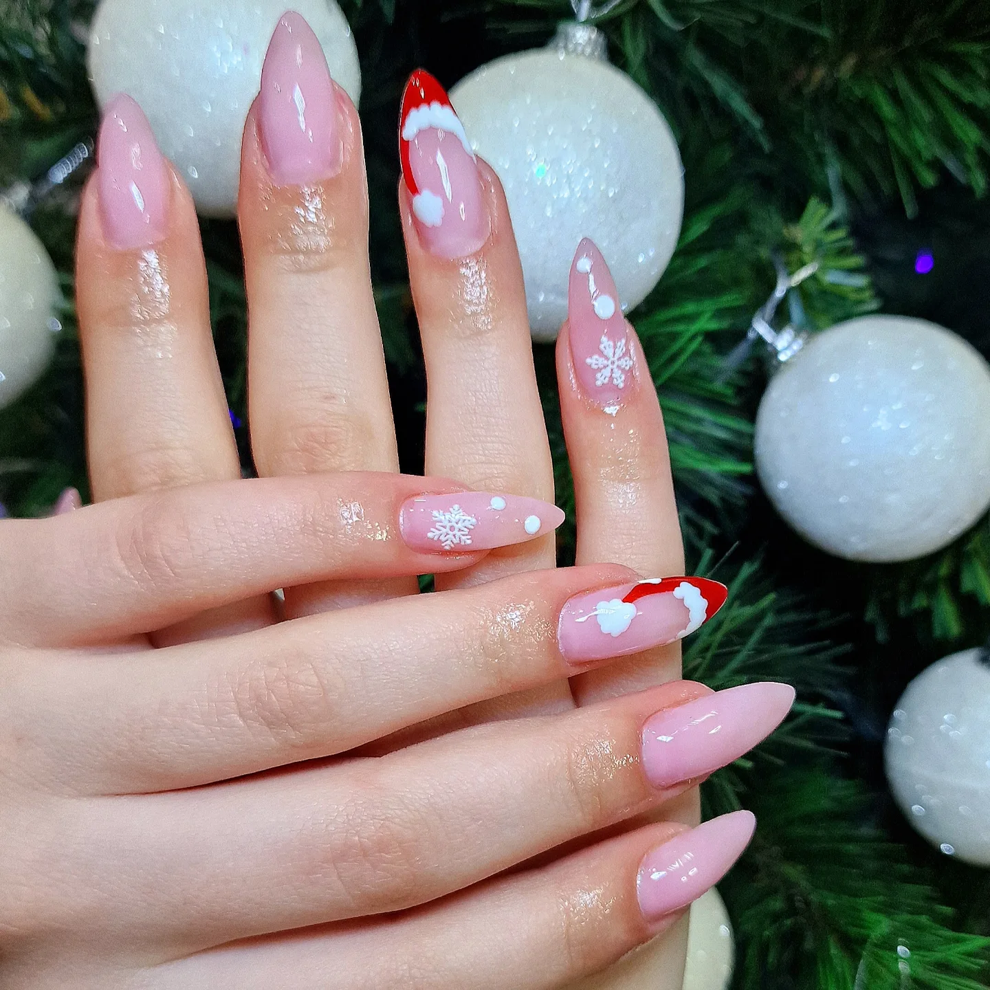 Cute Santa Hat and Snowflakes Stiletto Nails