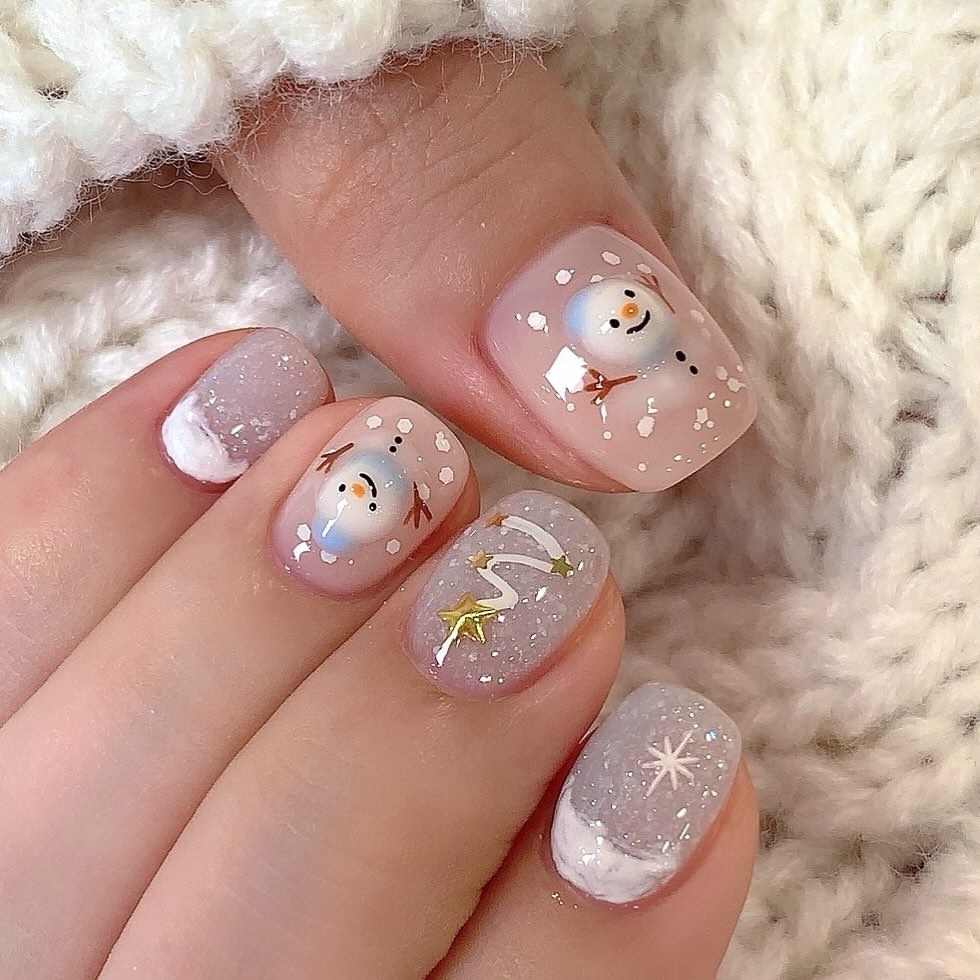 Cute Snowman Winter Wonderland French Tip Nails