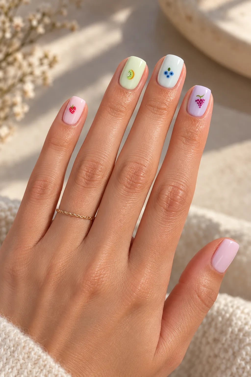 Pastel Fruit Sticker Short Square Nails Pastel Fruit Sticker Short Square Nails — Cute Square Nails