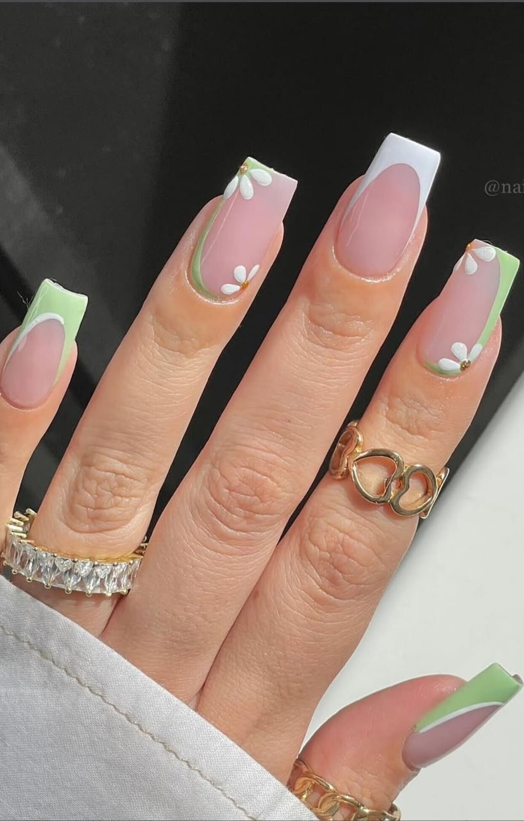 Long Square Green French Tip Flower Accent Nails Long Square Green French Tip Flower Accent Nails — Cute Square Nails
