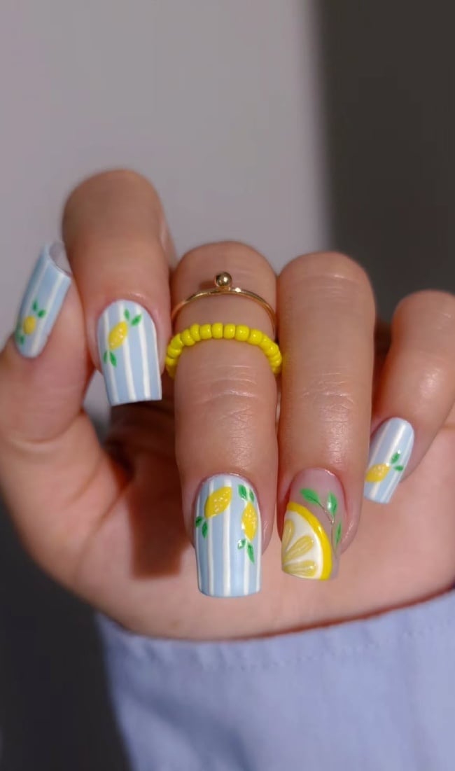 Long Square Sky Blue Stripe Lemon Art Nails Long Square Sky Blue Stripe Lemon Art Nails — Cute Square Nails