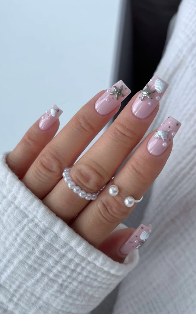 Long Square Pale Pink Sea Charm French Tip Nails Long Square Pale Pink Sea Charm French Tip Nails — Cute Square Nails