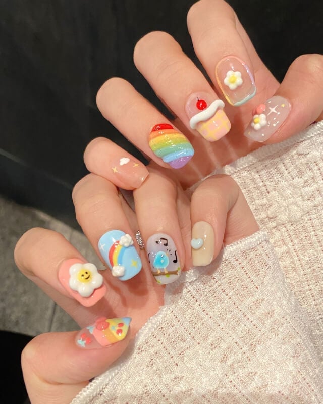 Pastel 3D Charm Cupcake Heart Flower Bird Short Square Nails Pastel 3D Charm Cupcake Heart Flower Bird Short Square Nails — Cute Square Nails