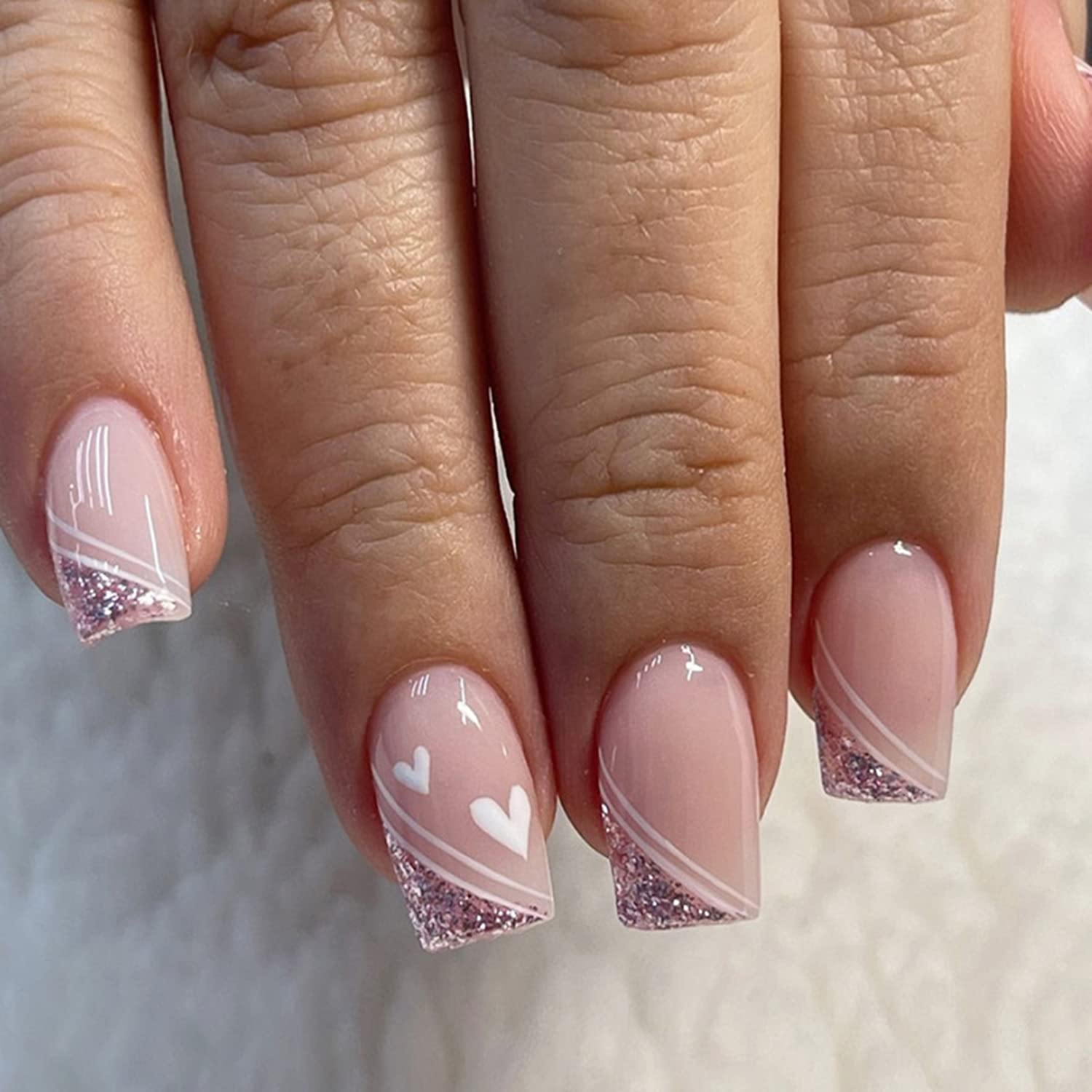 Pale Pink Glitter White Line Heart Short Square Nails Pale Pink Glitter White Line Heart Short Square Nails — Cute Square Nails