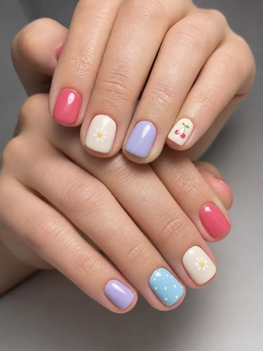 Cute Motifs Daisy Cherry Polka Dot Short Square Nails Cute Motifs Daisy Cherry Polka Dot Short Square Nails — Cute Square Nails