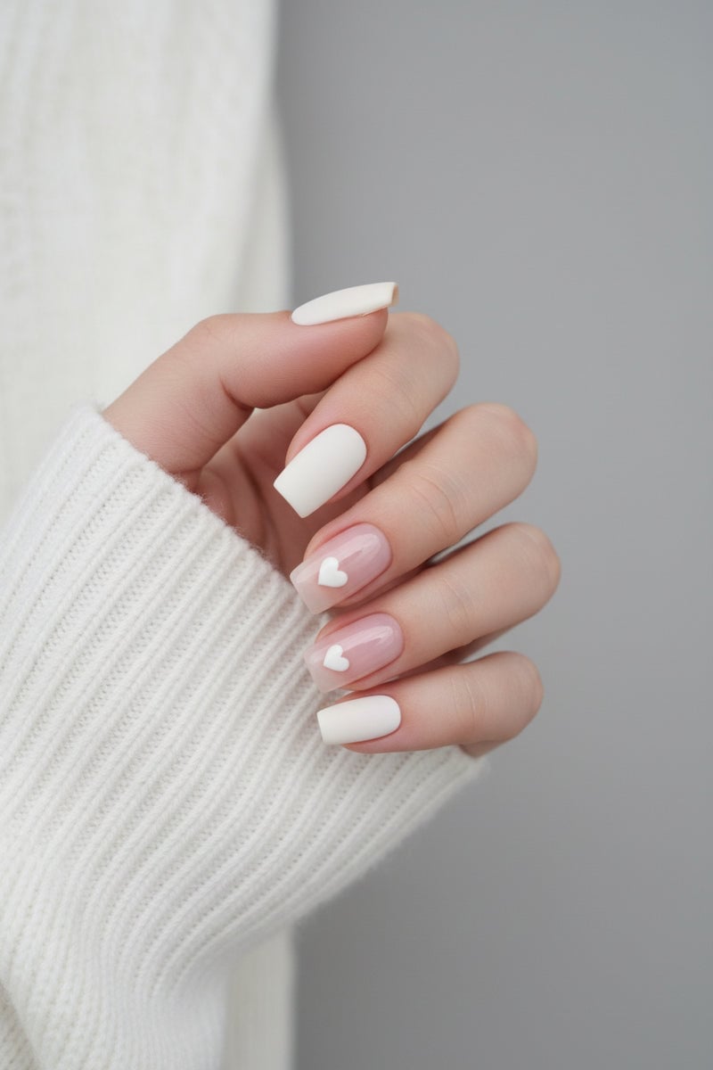 Matte White and Glossy Pink Heart Short Square Nails Matte White and Glossy Pink Heart Short Square Nails — Cute Square Nails