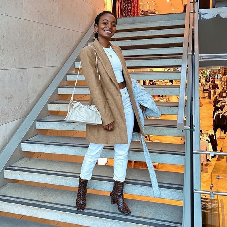 Camel Longline Coat with White Jeans Camel Longline Coat with White Jeans — Cute Style