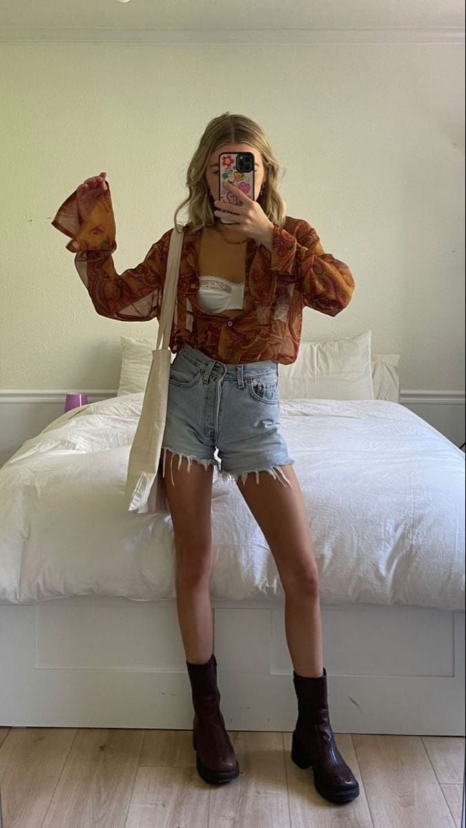 Sheer Printed Blouse with Denim Shorts Sheer Printed Blouse with Denim Shorts — Cute Style