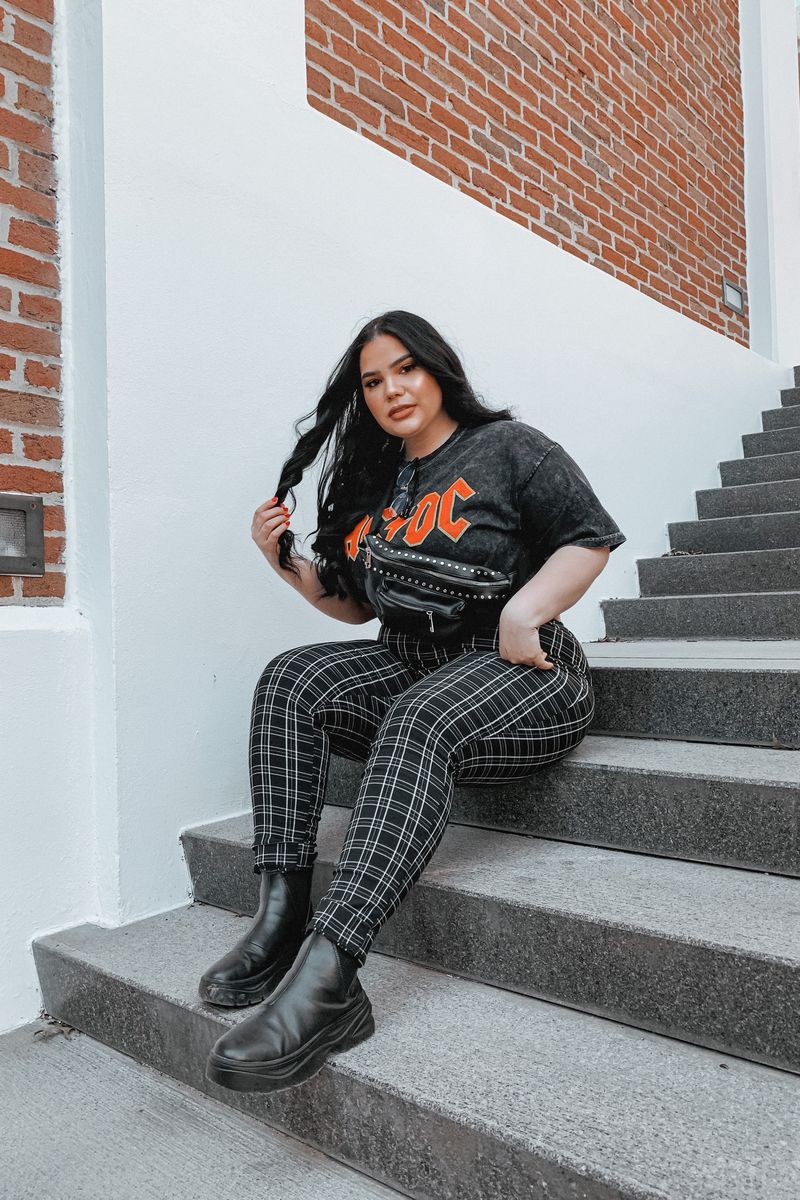 Graphic T-Shirt and Plaid Trousers with Fanny Pack Graphic T-Shirt and Plaid Trousers with Fanny Pack — Cute Style