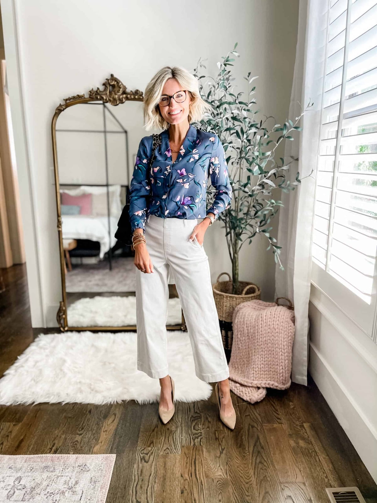 Floral Print Blouse With Cropped Trousers Floral Print Blouse With Cropped Trousers — Cute Work Outfit