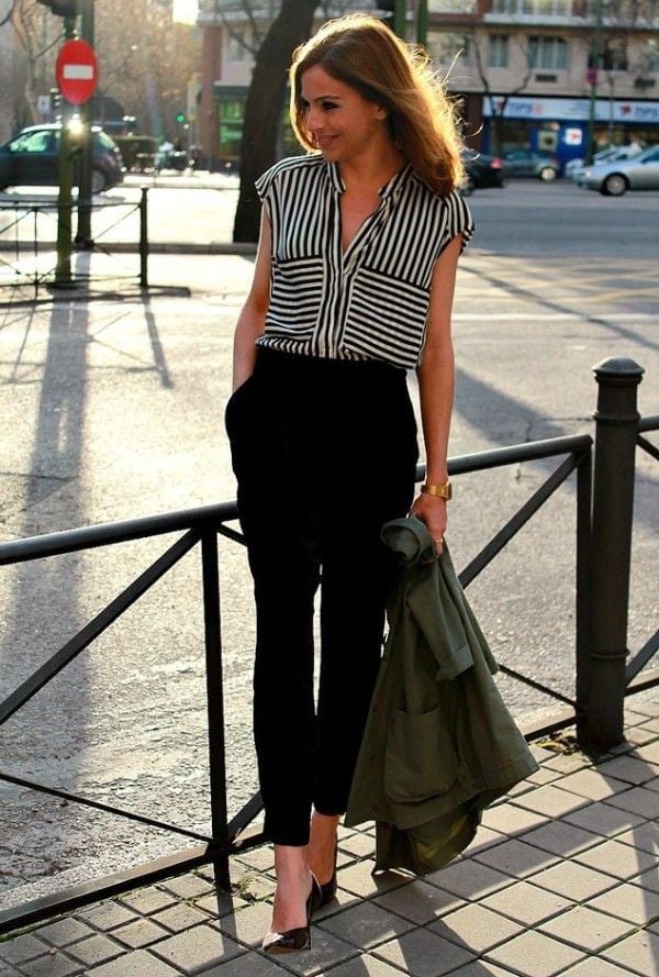 Striped Sleeveless Blouse With Black Trousers Striped Sleeveless Blouse With Black Trousers — Cute Work Outfit