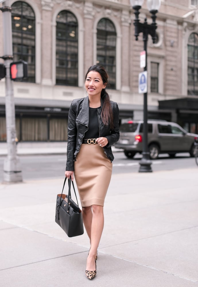Black Moto Jacket With Camel Pencil Skirt Black Moto Jacket With Camel Pencil Skirt — Cute Work Outfit