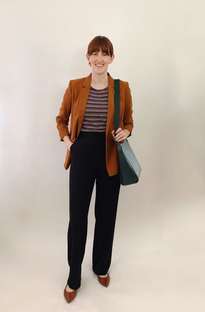 Rust Blazer Over Striped T Shirt Rust Blazer Over Striped T Shirt — Cute Work Outfit