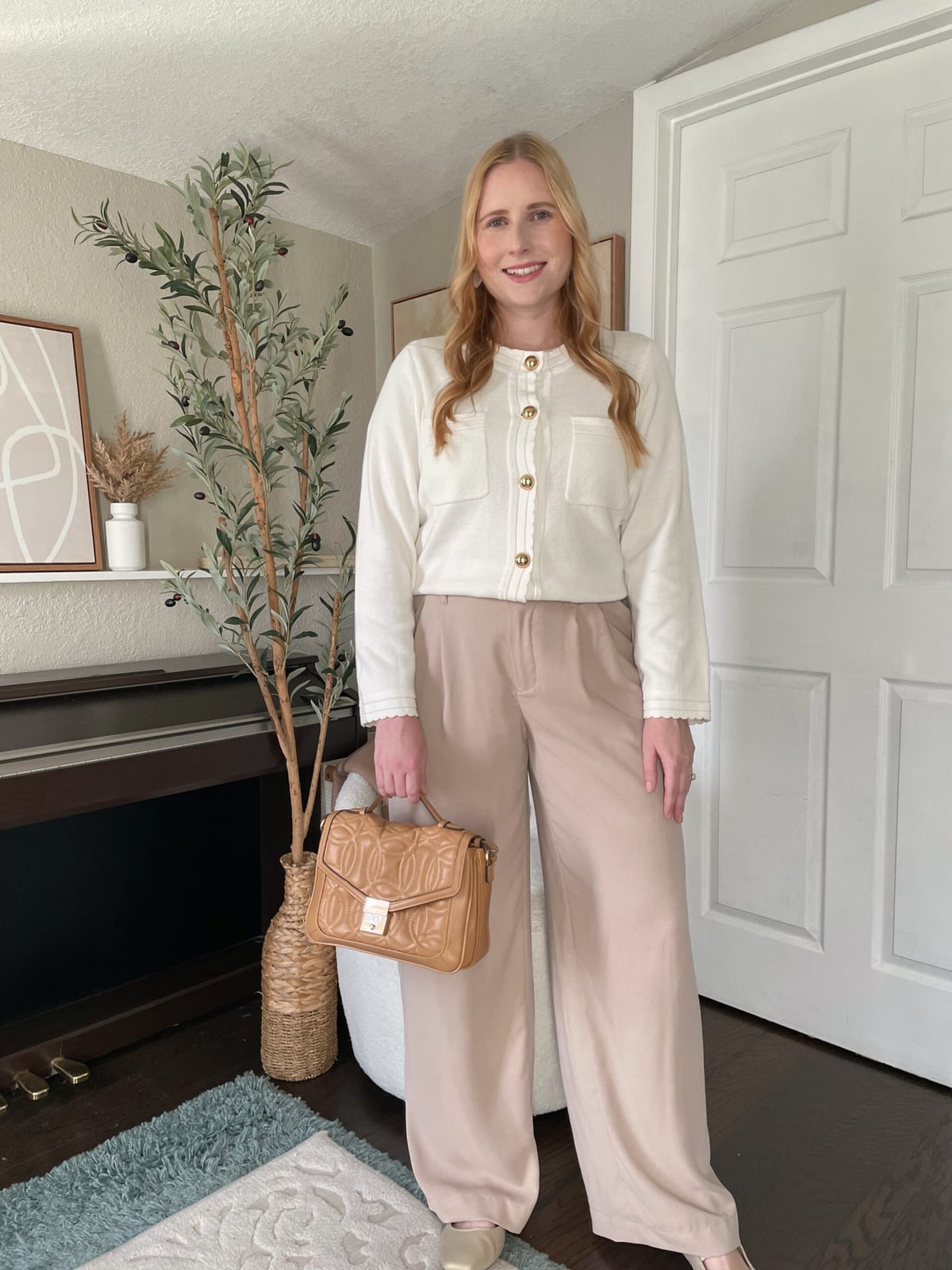 Gold Button Cardigan With Beige Trousers Gold Button Cardigan With Beige Trousers — Cute Work Outfit
