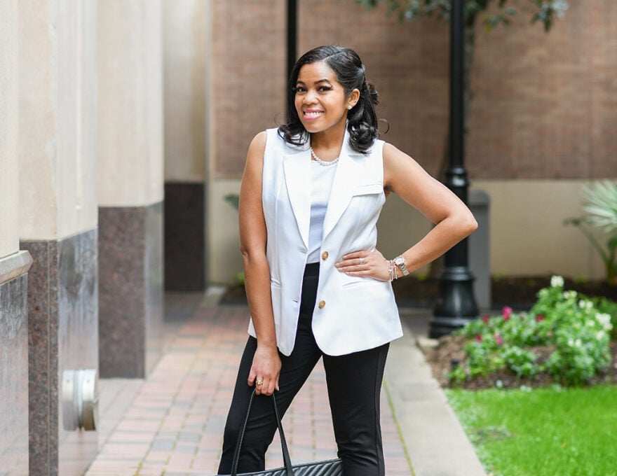 White Sleeveless Blazer With Black Trousers White Sleeveless Blazer With Black Trousers — Cute Work Outfit