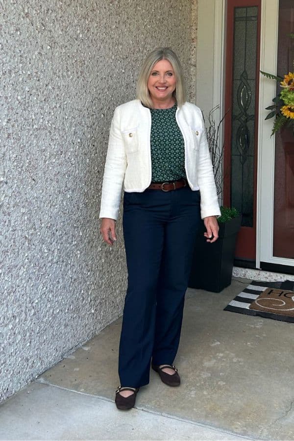 White Textured Jacket With Green Blouse, Straight Leg Trousers White Textured Jacket With Green Blouse, Straight Leg Trousers — Cute Work Outfit