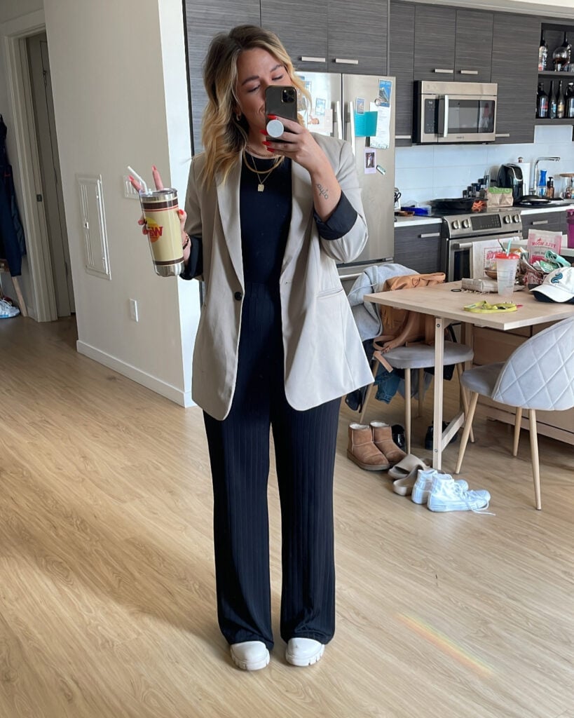 Beige Blazer With Black Ribbed Top Beige Blazer With Black Ribbed Top — Cute Work Outfit