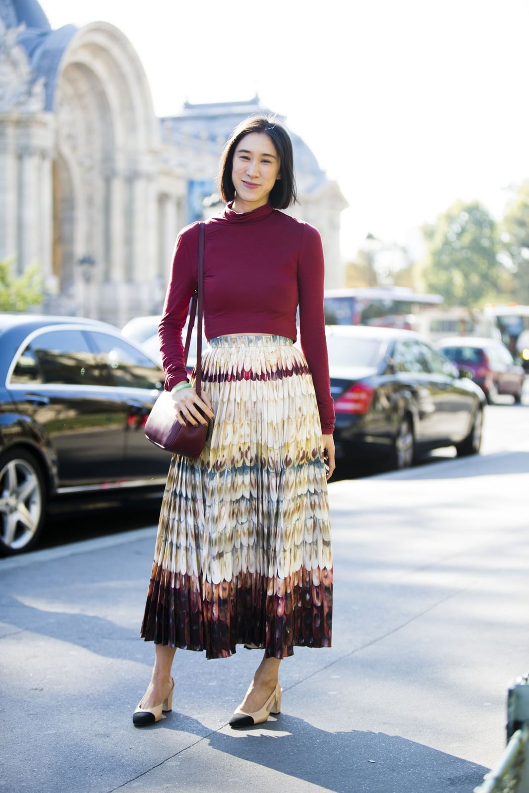 Burgundy Turtleneck With Feather Print Skirt Burgundy Turtleneck With Feather Print Skirt — Cute Work Outfit