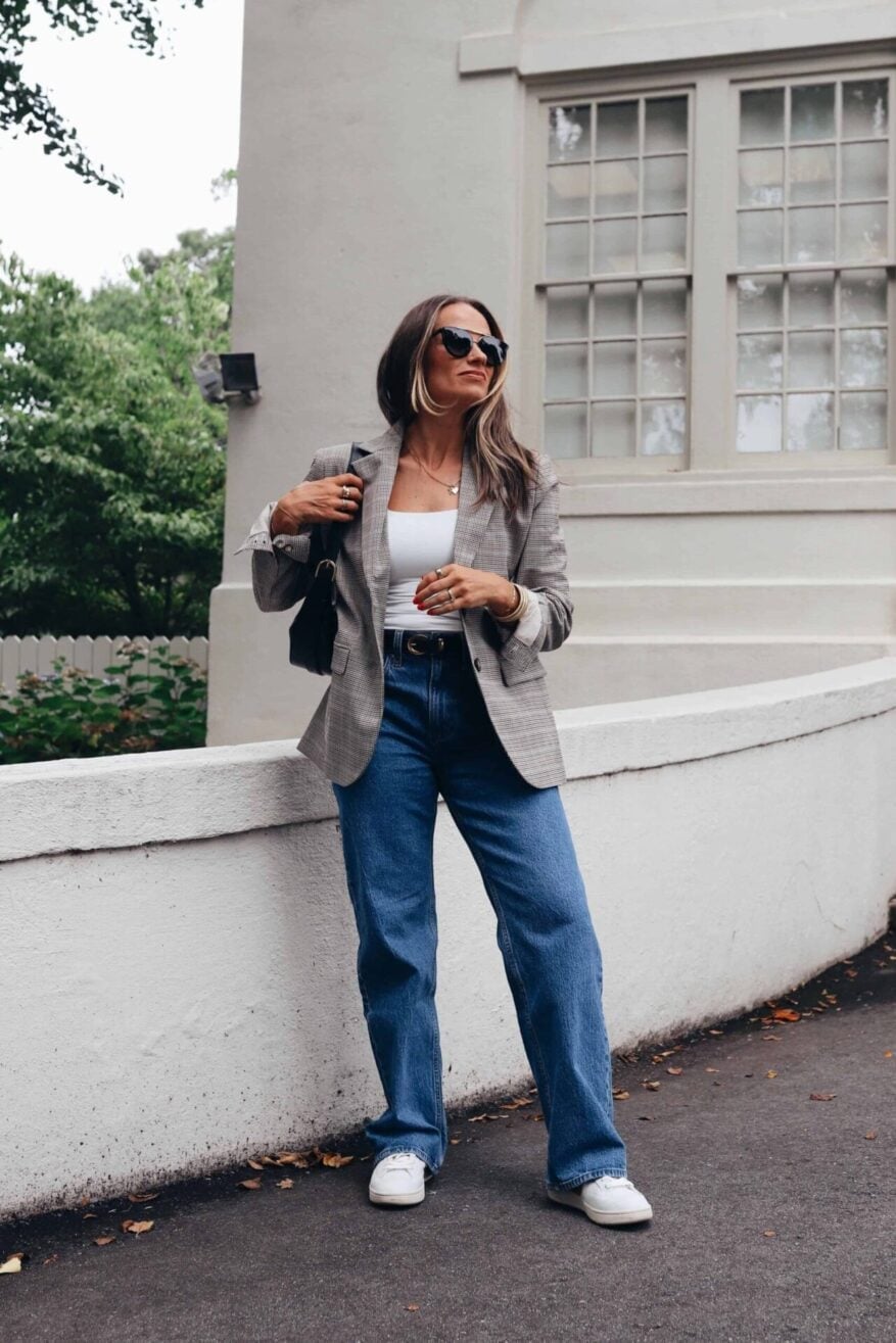 Gray Plaid Blazer With White Sneakers Gray Plaid Blazer With White Sneakers — Cute Work Outfit