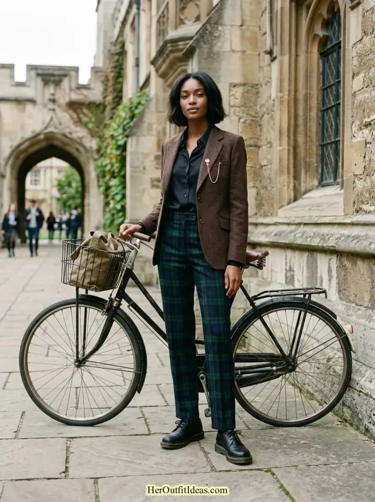 Brown tweed blazer with plaid trousers and lace-up boots Brown tweed blazer with plaid trousers and lace-up boots — Dark Academia Outfits