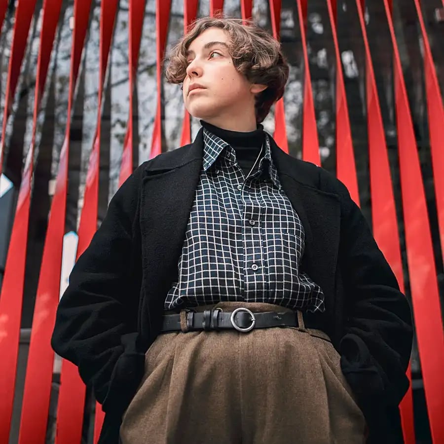 Black coat over turtleneck and checked shirt with wide-leg trousers Black coat over turtleneck and checked shirt with wide-leg trousers — Dark Academia Outfits