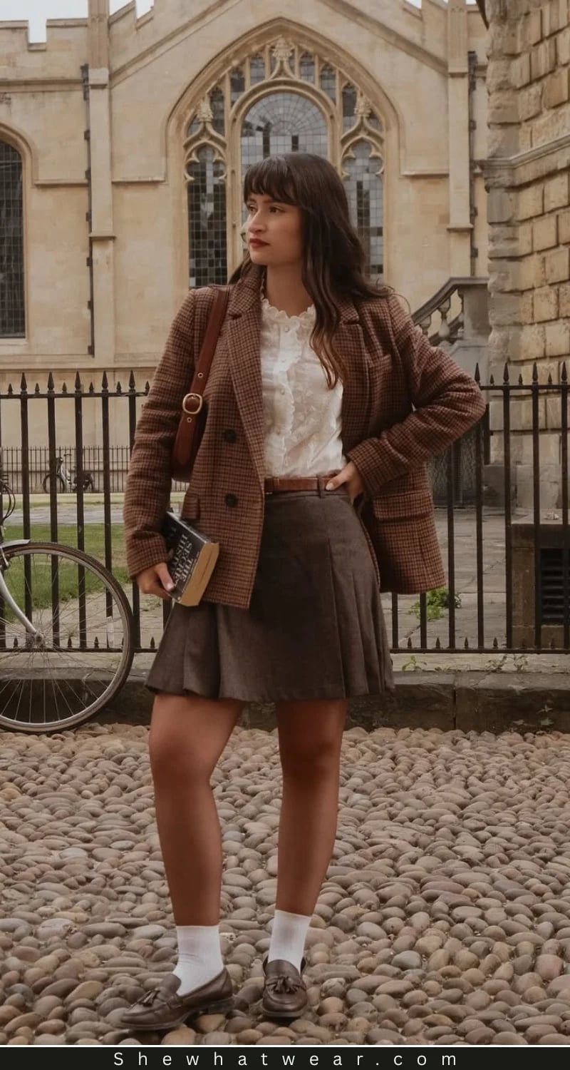 Brown plaid blazer over ruffled blouse with gray pleated skirt Brown plaid blazer over ruffled blouse with gray pleated skirt — Dark Academia Outfits