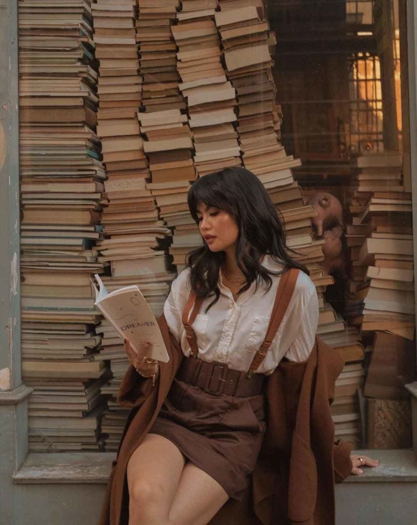 White satin shirt with brown suspenders and A-line skirt White satin shirt with brown suspenders and A-line skirt — Dark Academia Outfits
