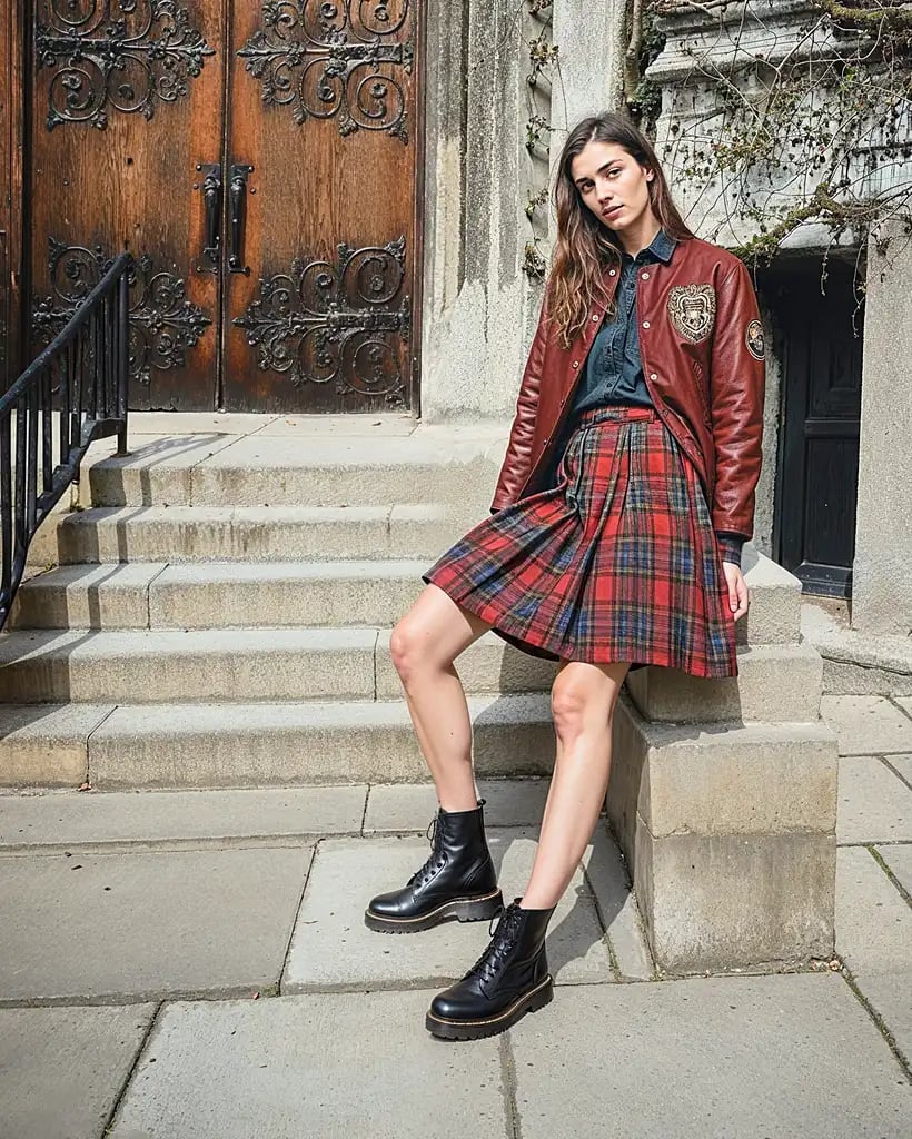 Plaid kilt skirt with green shirt and brown leather jacket Plaid kilt skirt with green shirt and brown leather jacket — Dark Academia Outfits
