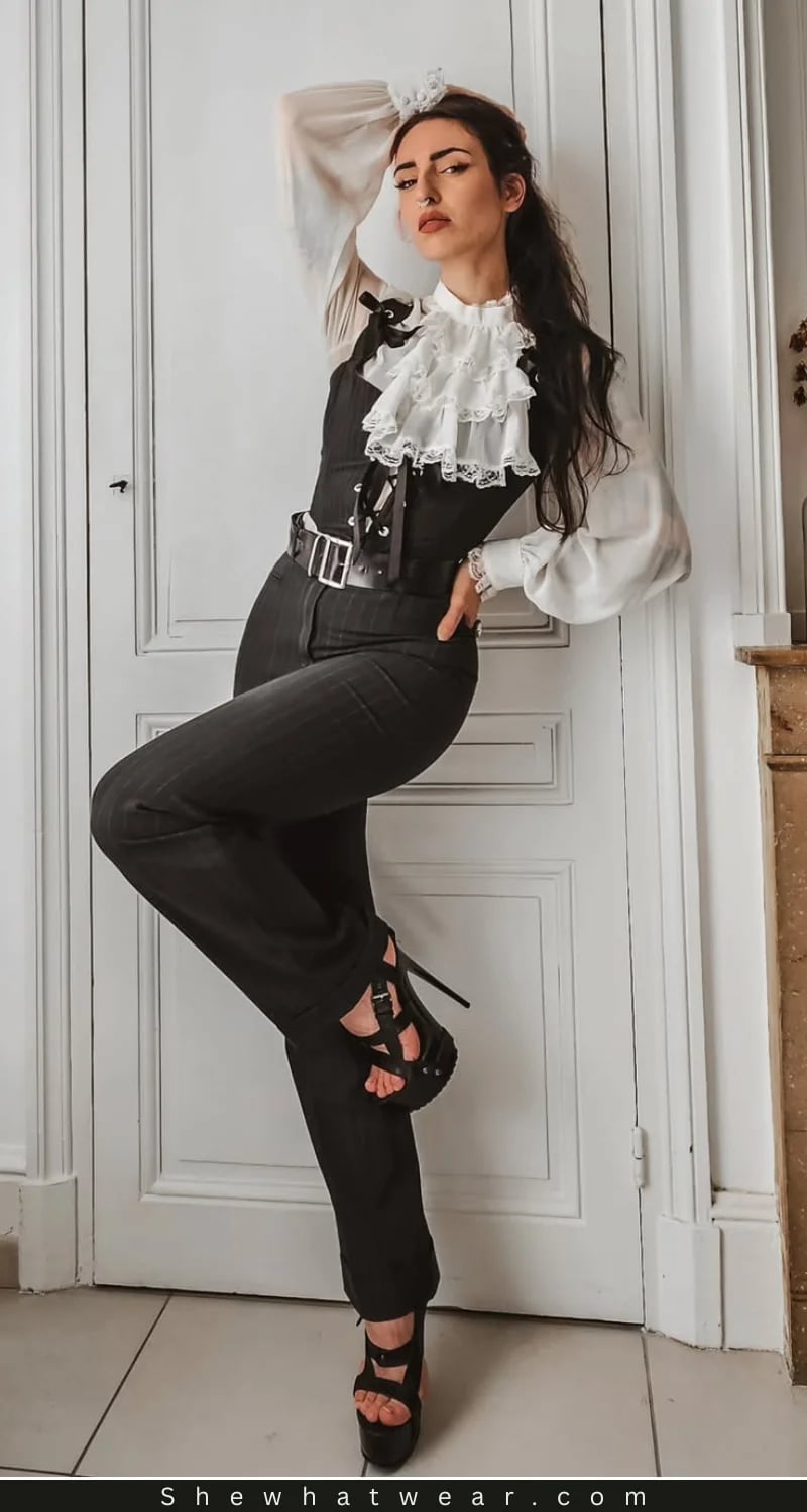 Black corset over ruffled blouse with pinstripe trousers Black corset over ruffled blouse with pinstripe trousers — Dark Academia Outfits