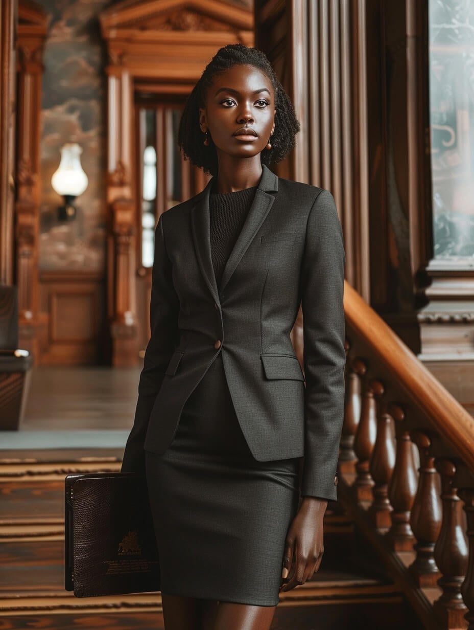 Charcoal suit with pencil skirt and black knit top Charcoal suit with pencil skirt and black knit top — Dark Academia Outfits