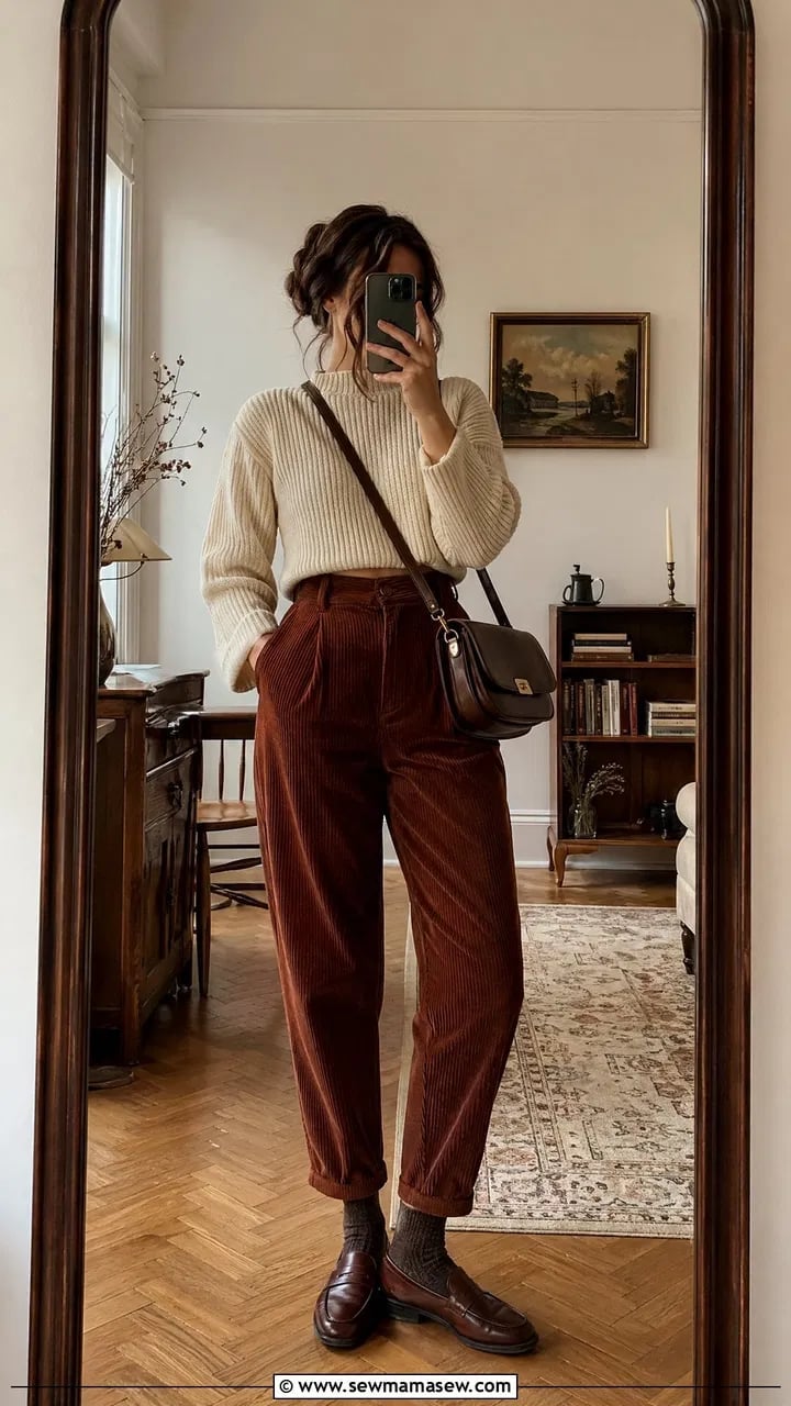 Cream ribbed sweater with brown corduroy trousers and loafers Cream ribbed sweater with brown corduroy trousers and loafers — Dark Academia Outfits
