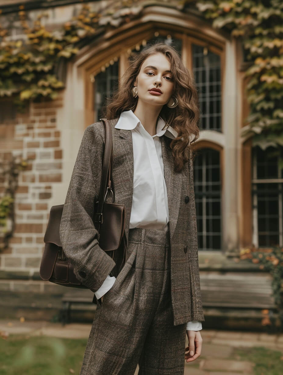 Brown tweed blazer and plaid trousers with white button-down Brown tweed blazer and plaid trousers with white button-down — Dark Academia Outfits