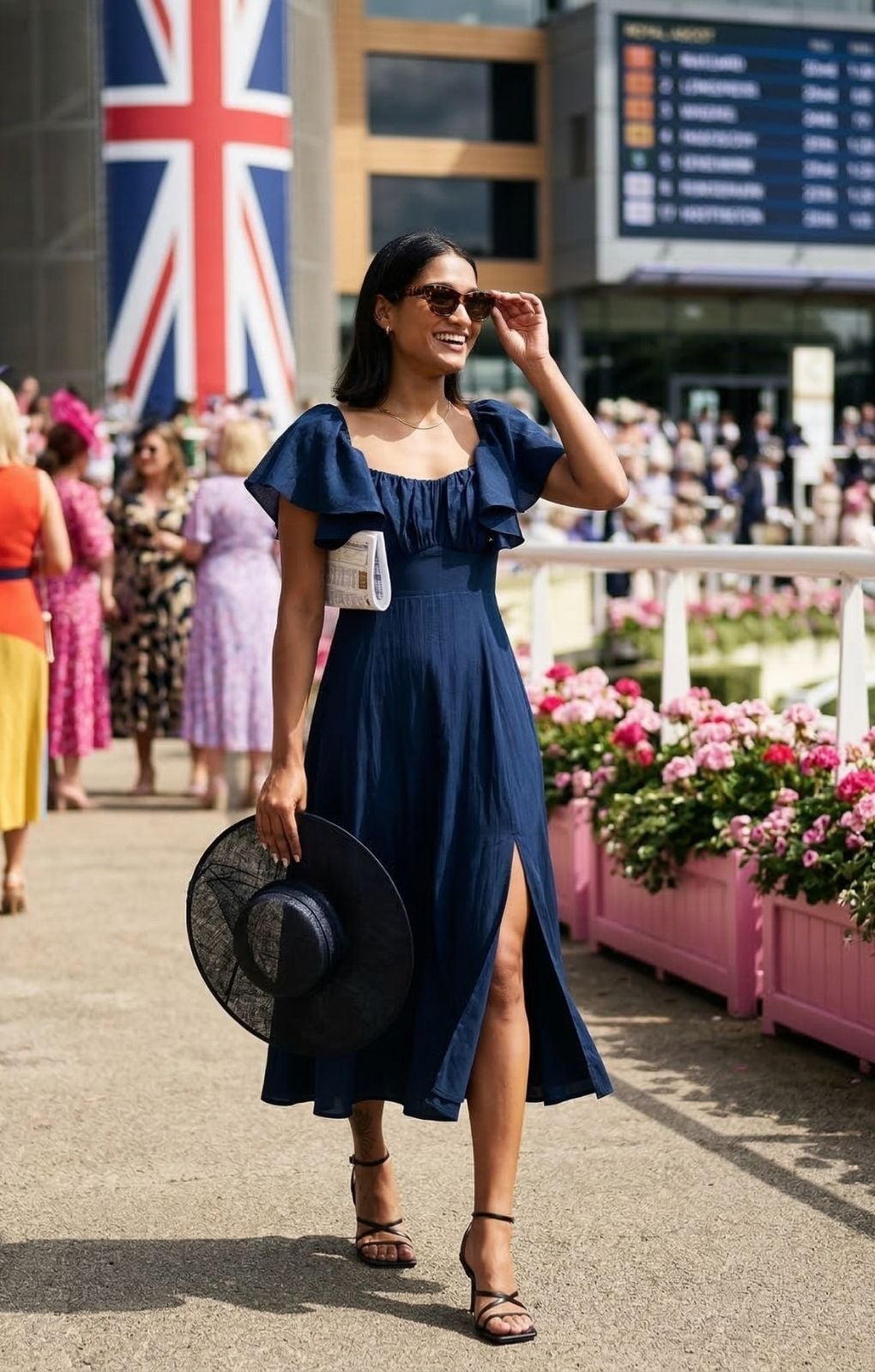 Navy blue linen blend midi dress with square neckline Navy blue linen blend midi dress with square neckline — Dark Blue Dress