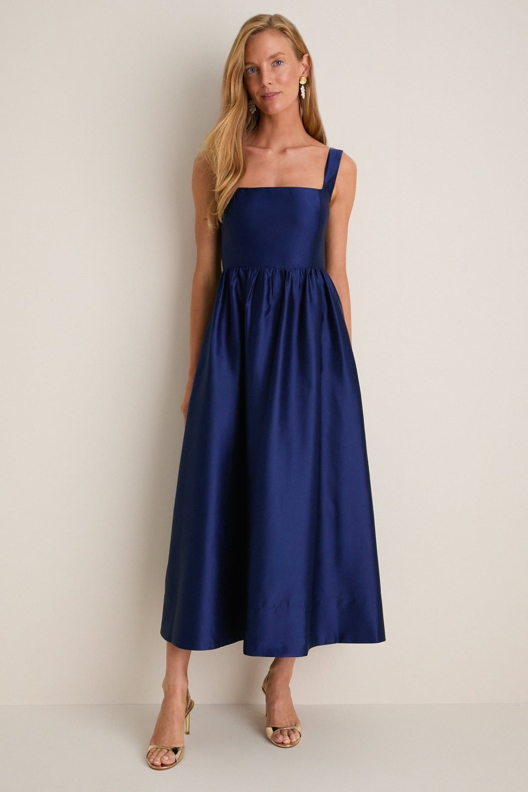Dark blue satin midi dress with square neckline, Gold Strappy Heels Dark blue satin midi dress with square neckline, Gold Strappy Heels — Dark Blue Dress