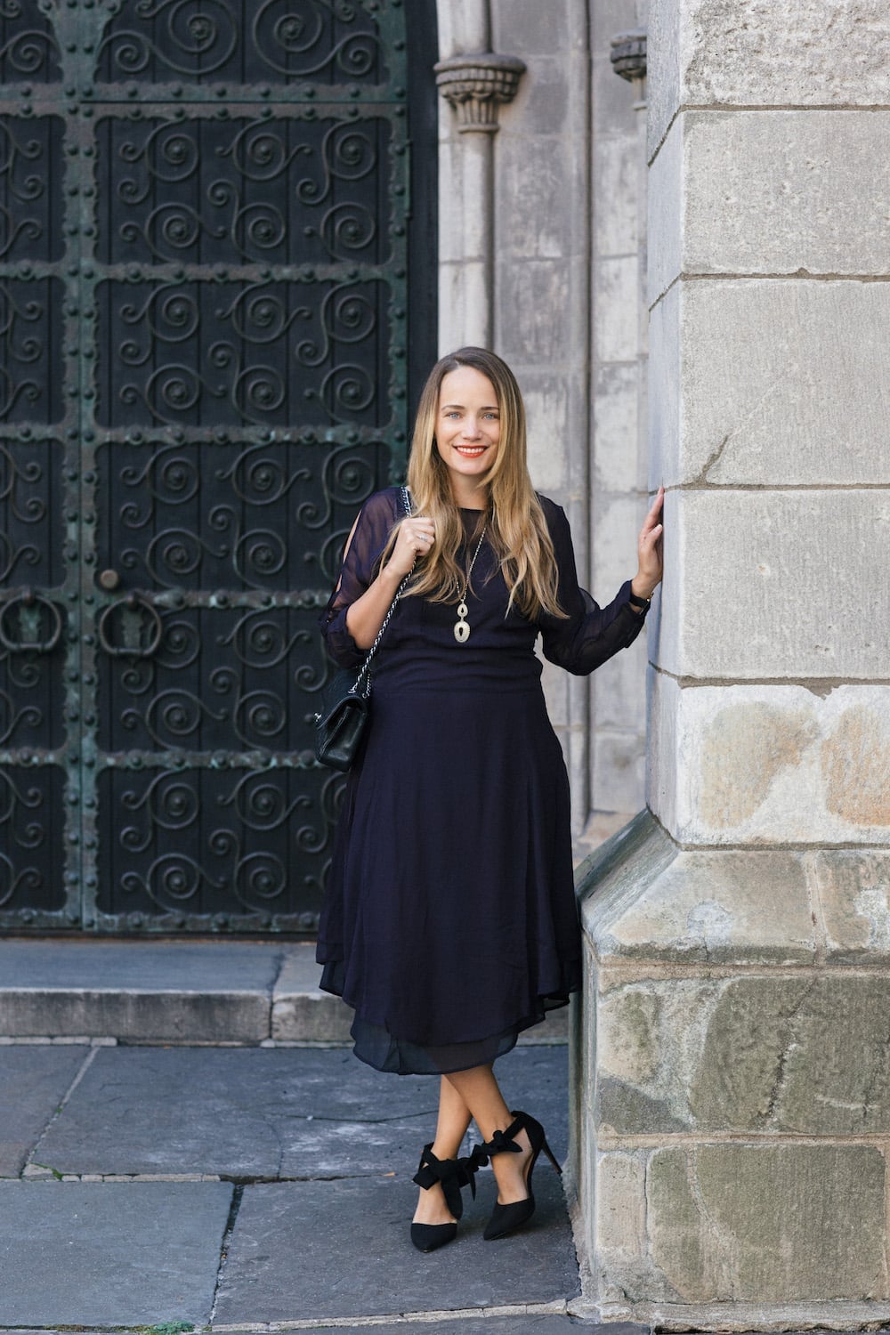 Dark navy fit and flare midi dress with sheer sleeves Dark navy fit and flare midi dress with sheer sleeves — Dark Blue Dress