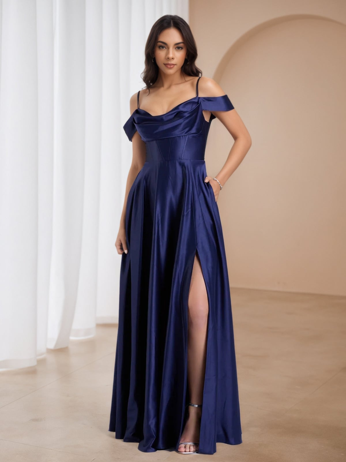 Dark blue satin maxi dress off-the-shoulder Dark blue satin maxi dress off-the-shoulder — Dark Blue Dress