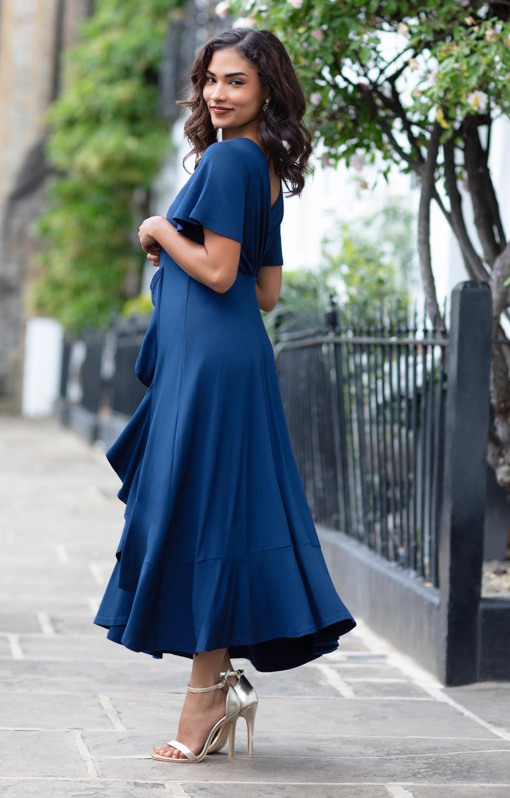 Navy blue wrap midi dress with ruffled hem Navy blue wrap midi dress with ruffled hem — Dark Blue Dress