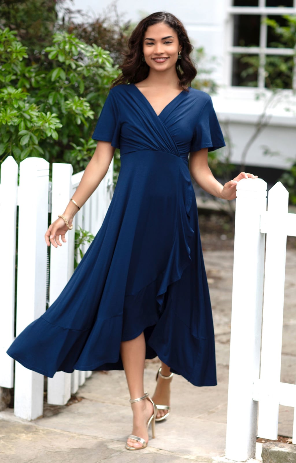 Dark blue wrap dress with ruffled asymmetrical hem Dark blue wrap dress with ruffled asymmetrical hem — Dark Blue Dress