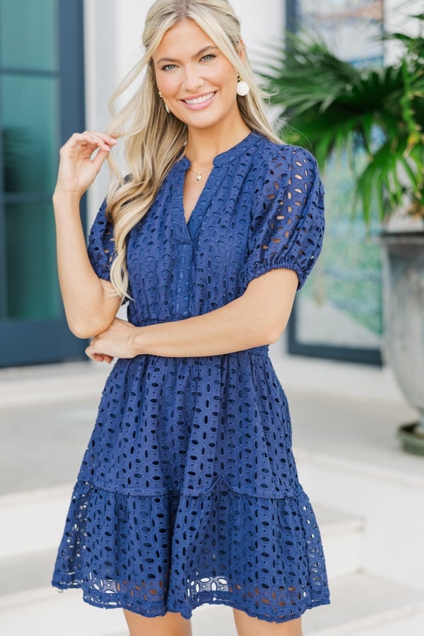 Dark blue eyelet dress with tiered skirt and buttons Dark blue eyelet dress with tiered skirt and buttons — Dark Blue Dress