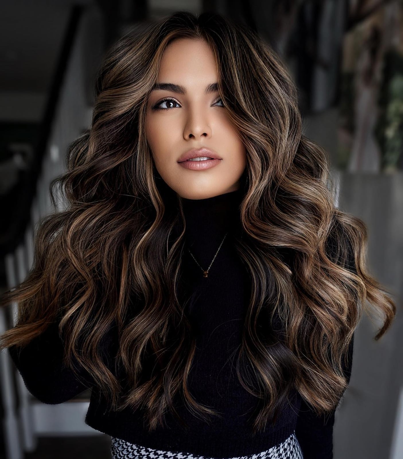 Dark Brown With Subtle Highlights and Curtain Bangs, Mid-Back Dark Brown With Subtle Highlights and Curtain Bangs, Mid-Back — Dark Brown Hair