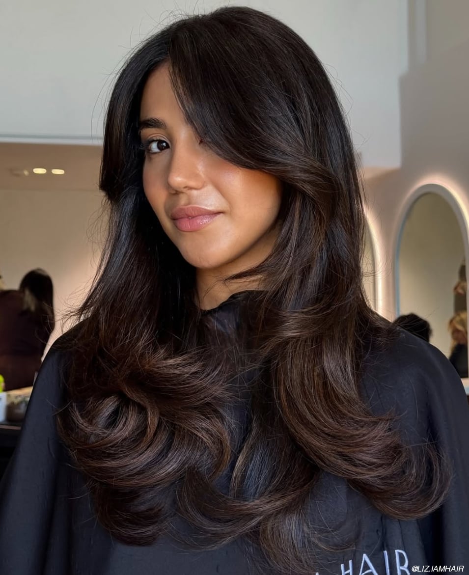 Dark Brown With Lighter Brown Highlights and Curtain Bangs, Wavy Dark Brown With Lighter Brown Highlights and Curtain Bangs, Wavy — Dark Brown Hair